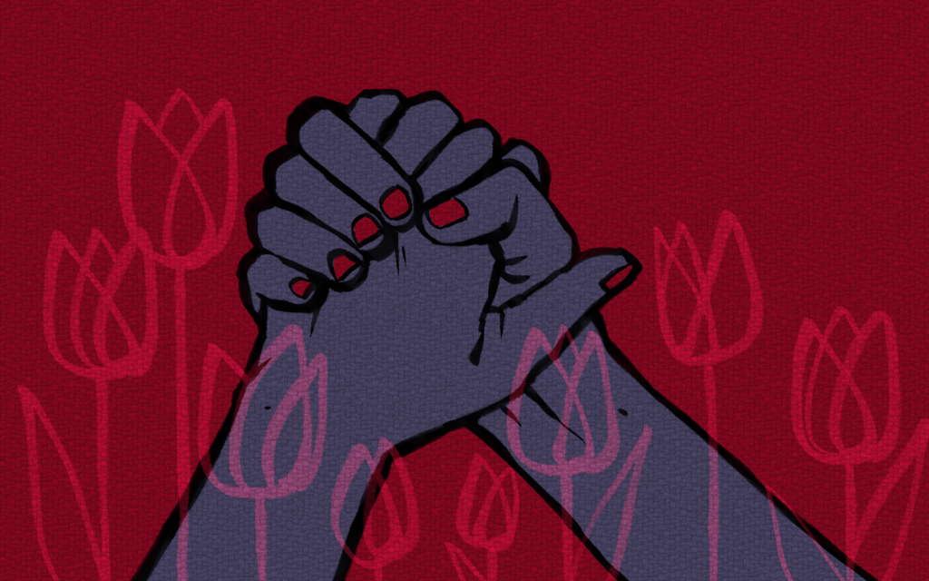 A digital illustration of two hands clasping together with outlines of tulips in front.